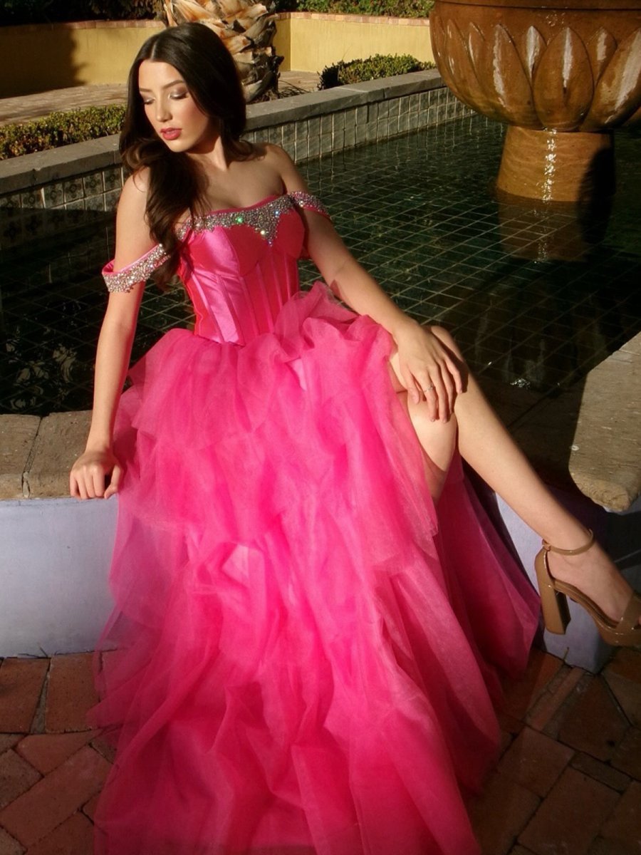 A Line Off the Shoulder Hot Pink Tulle Long Prom Dresses with Beading