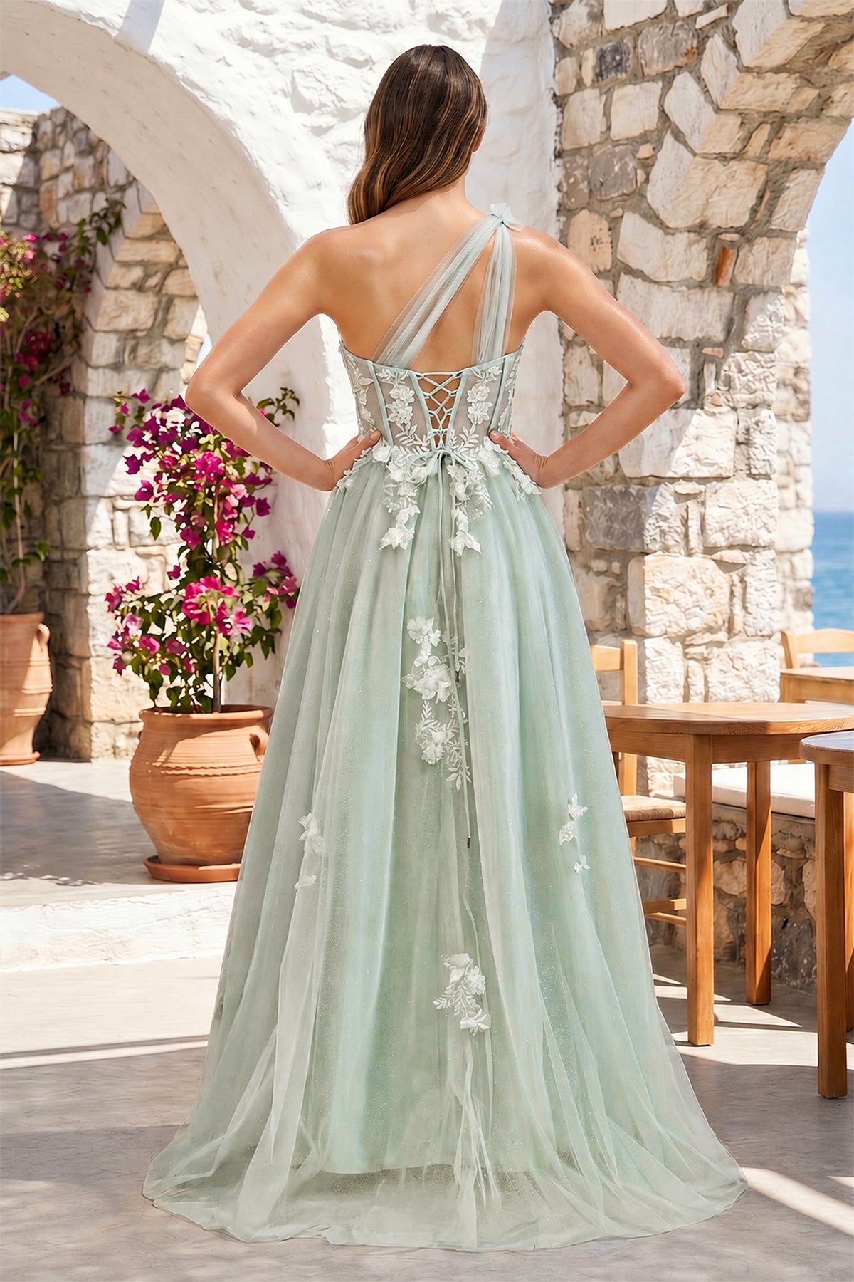 A Line One Shoulder Black Long Prom Dress with Appliques