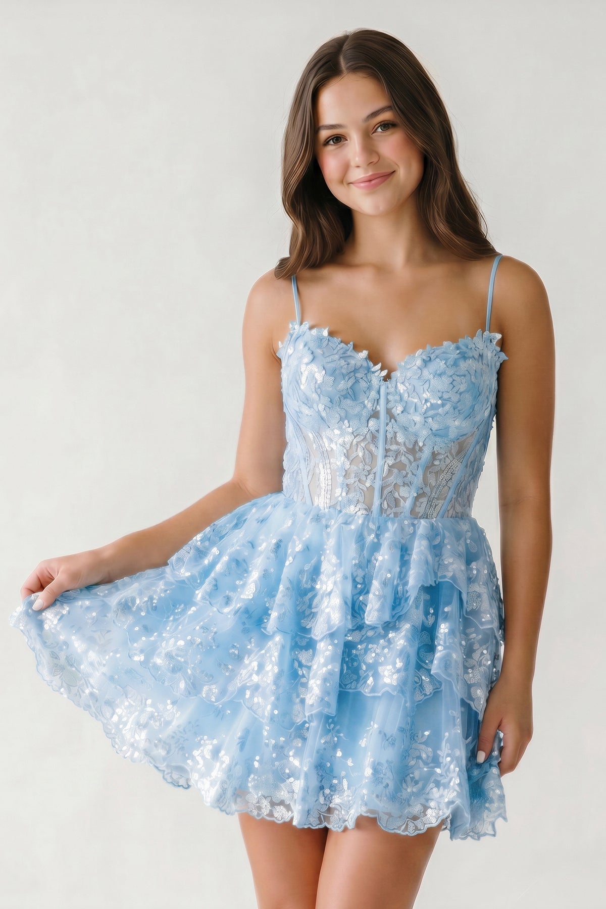 A- Line Sky Blue Sequins Multi-Layers Short Homecoming Dress