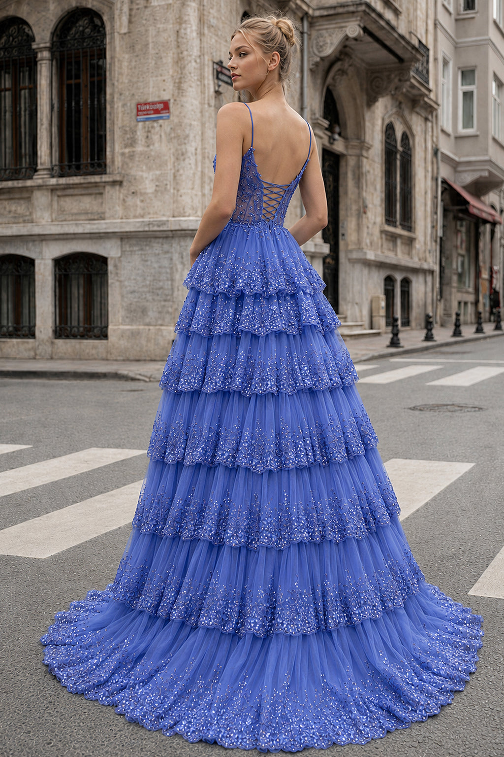 A Line Spaghetti Straps Tiered Lace Prom Dress