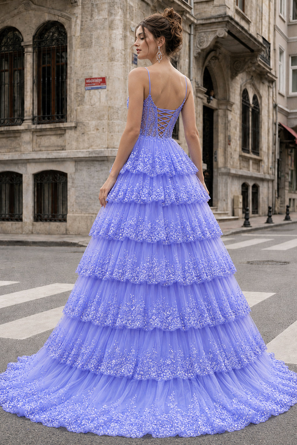 A Line Spaghetti Straps Tiered Lace Prom Dress