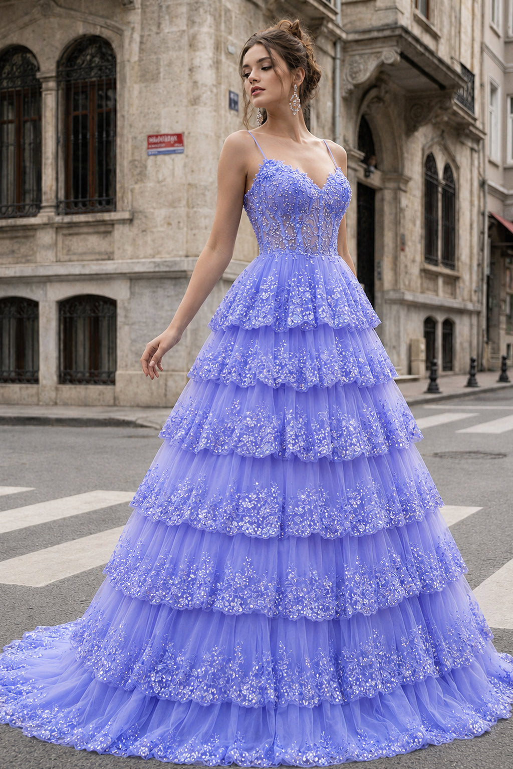 A Line Spaghetti Straps Tiered Lace Prom Dress
