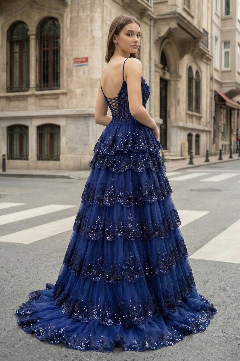 A Line Spaghetti Straps Tiered Lace Prom Dress