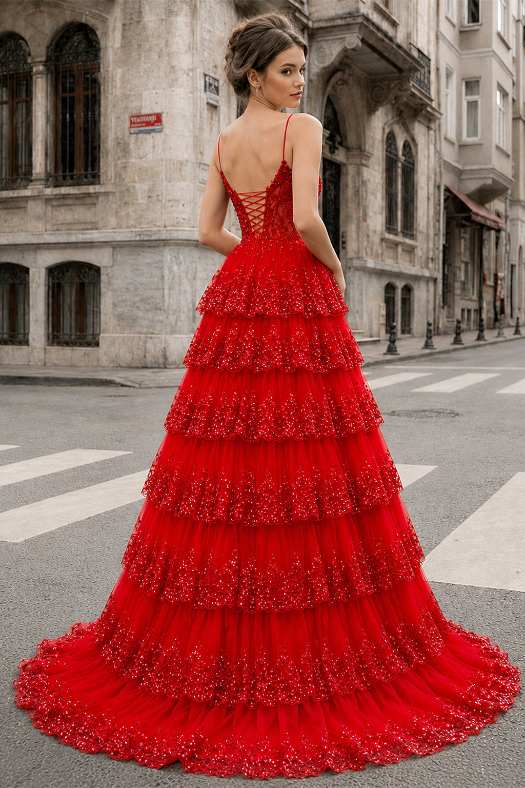 A Line Spaghetti Straps Tiered Lace Prom Dress