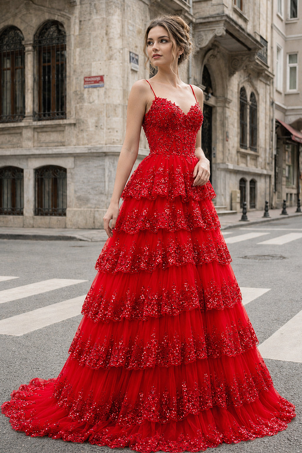 A Line Spaghetti Straps Tiered Lace Prom Dress