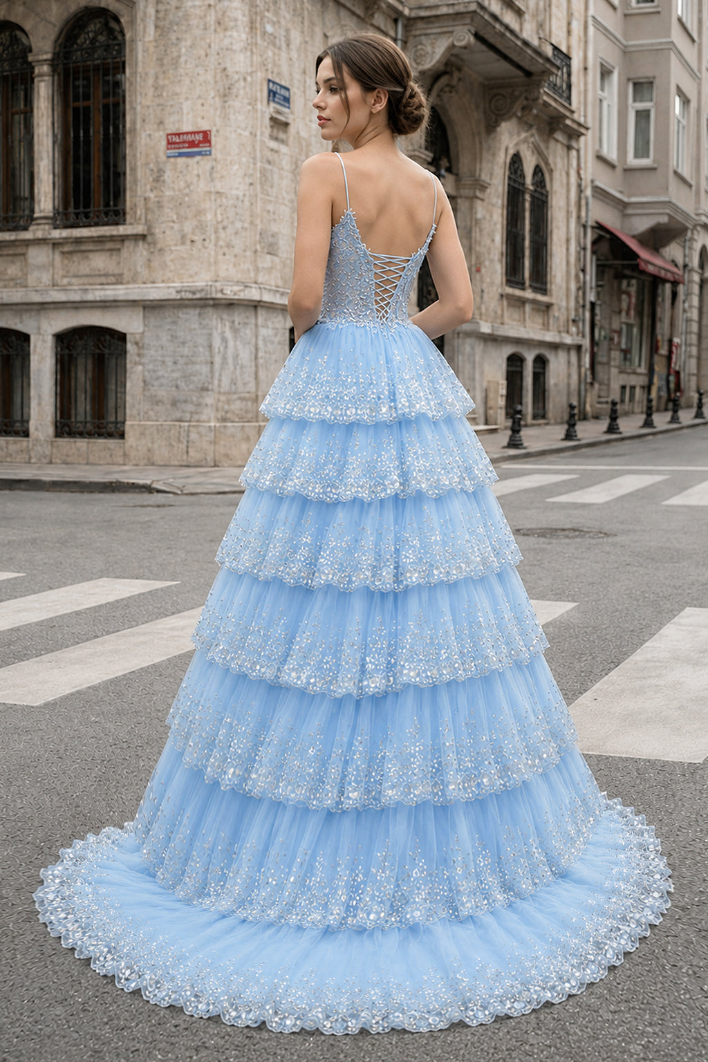 A Line Spaghetti Straps Tiered Lace Prom Dress