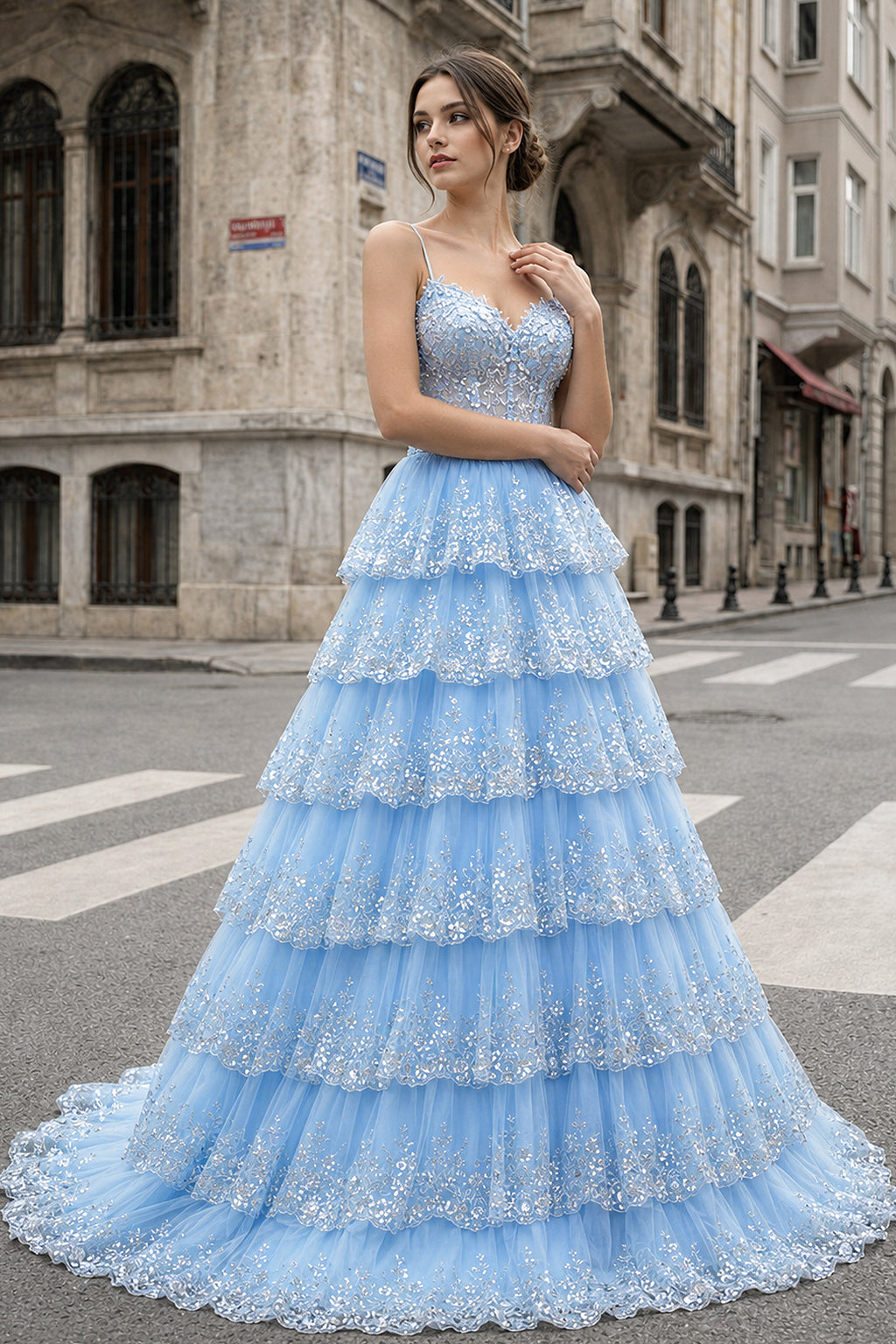 A Line Spaghetti Straps Tiered Lace Prom Dress