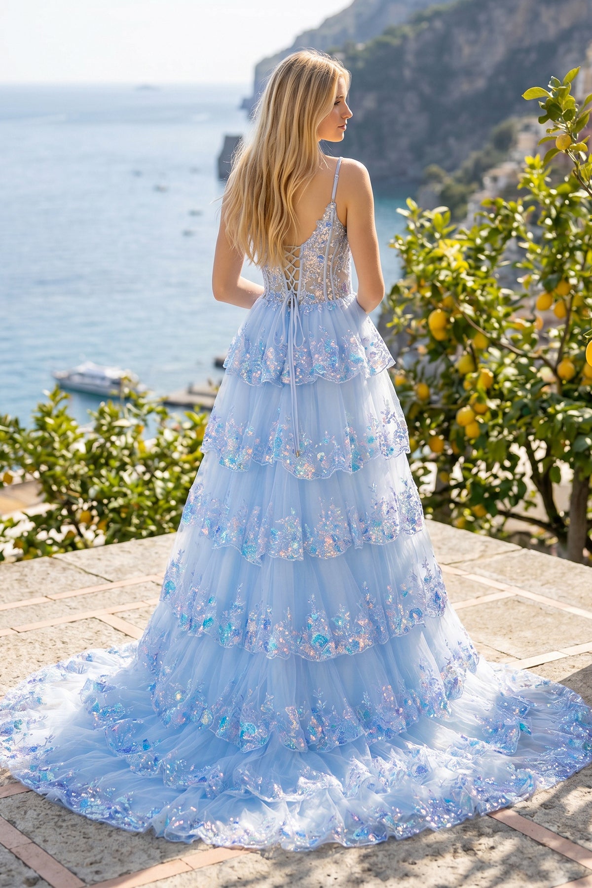 A Line Spaghetti Straps Tiered Lace Prom Dress