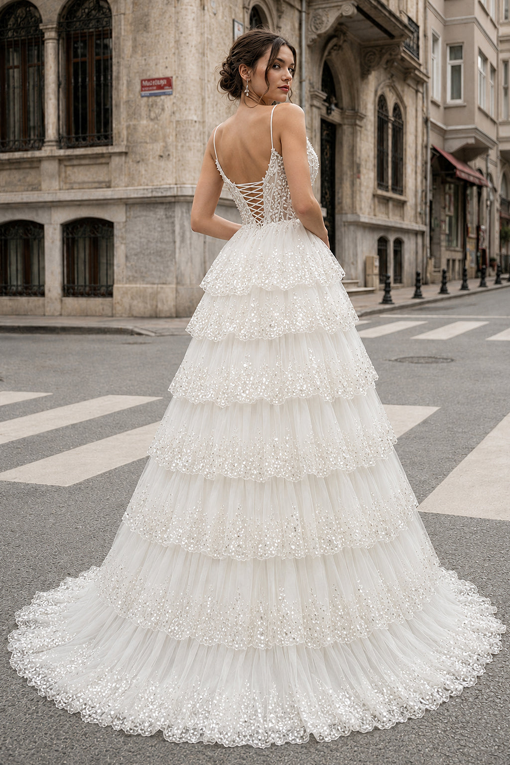 A Line Spaghetti Straps Tiered Lace Prom Dress