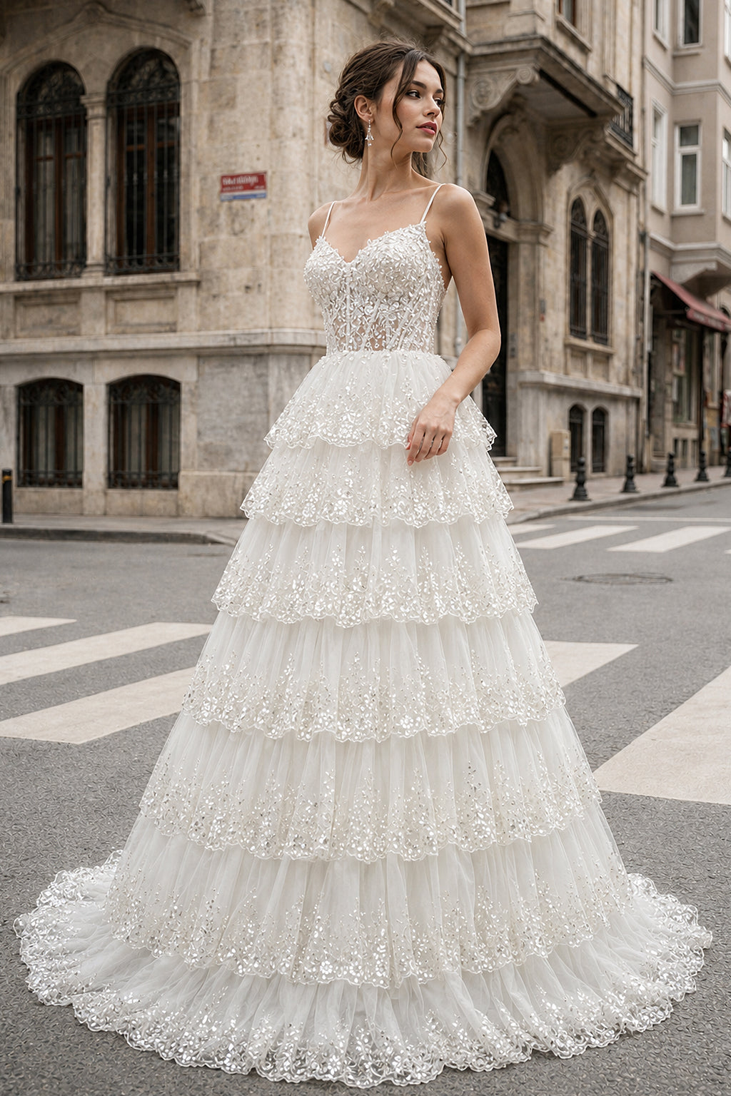 A Line Spaghetti Straps Tiered Lace Prom Dress