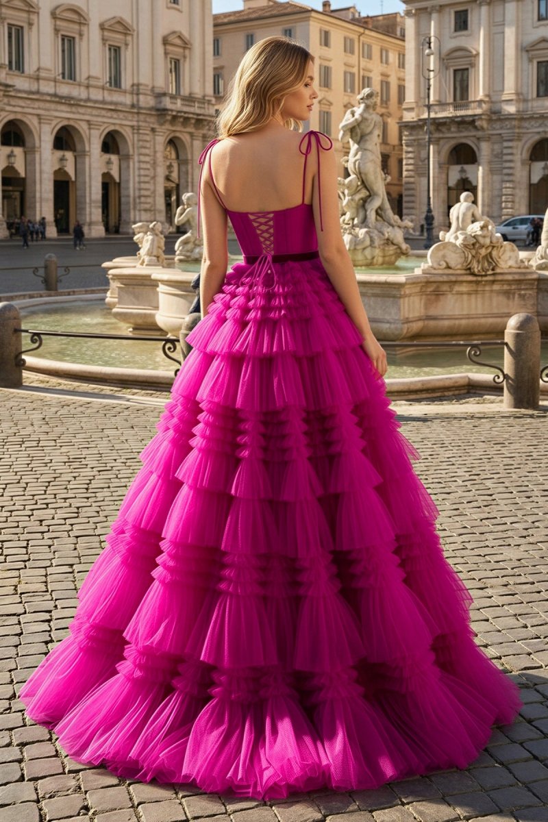 A Line Strapless Fuchsia Tiered Long Tulle Prom Dress