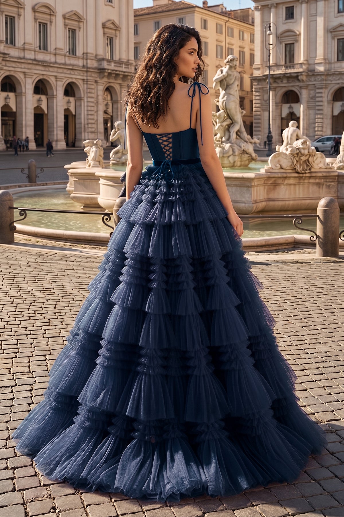 A Line Strapless Fuchsia Tiered Long Tulle Prom Dress