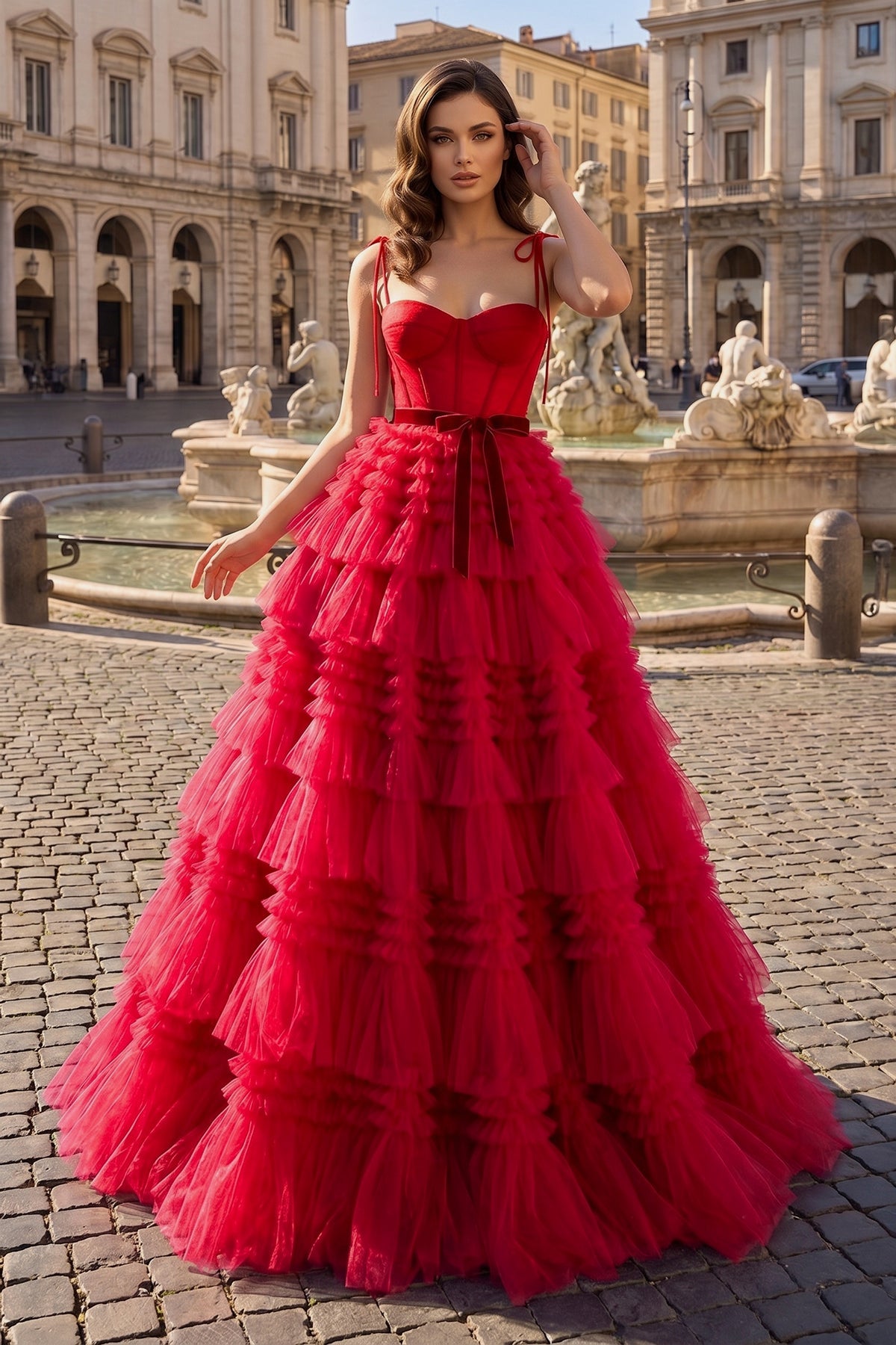 A Line Strapless Fuchsia Tiered Long Tulle Prom Dress