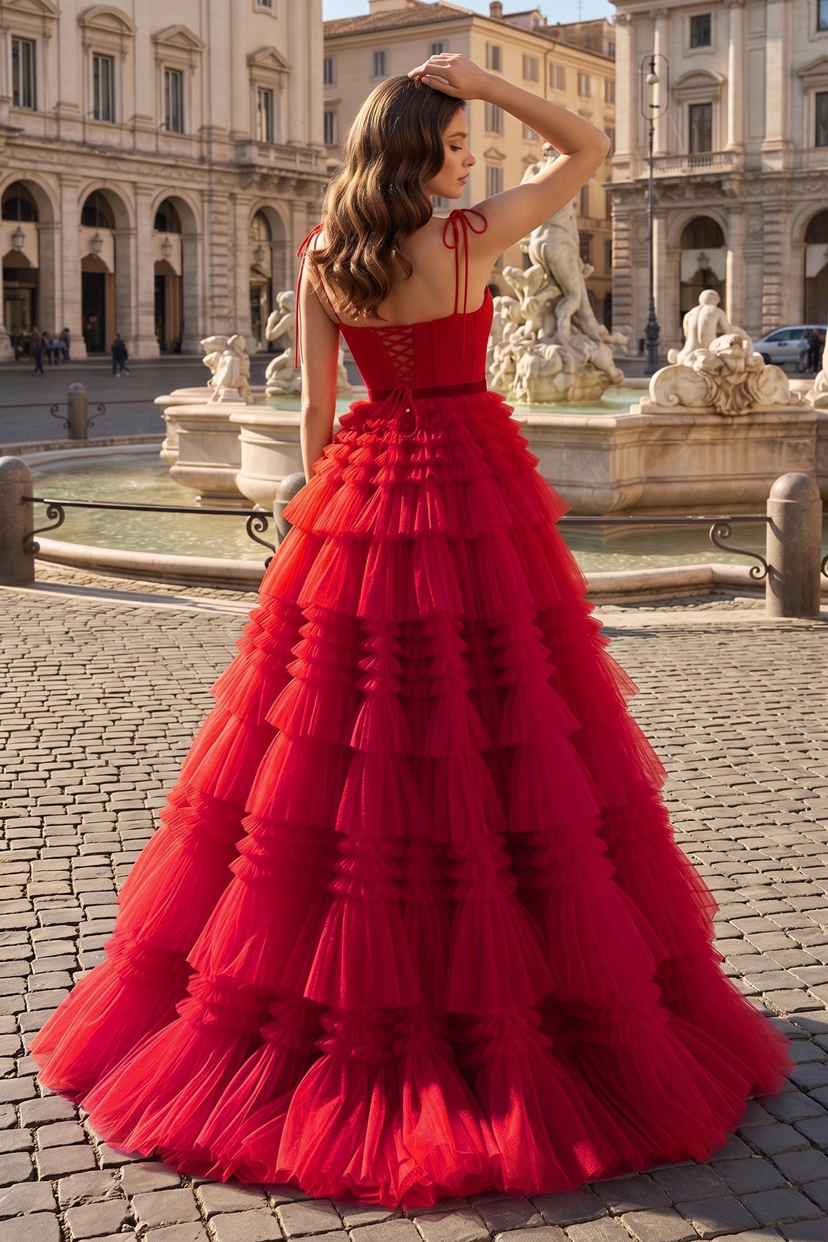 A Line Strapless Fuchsia Tiered Long Tulle Prom Dress
