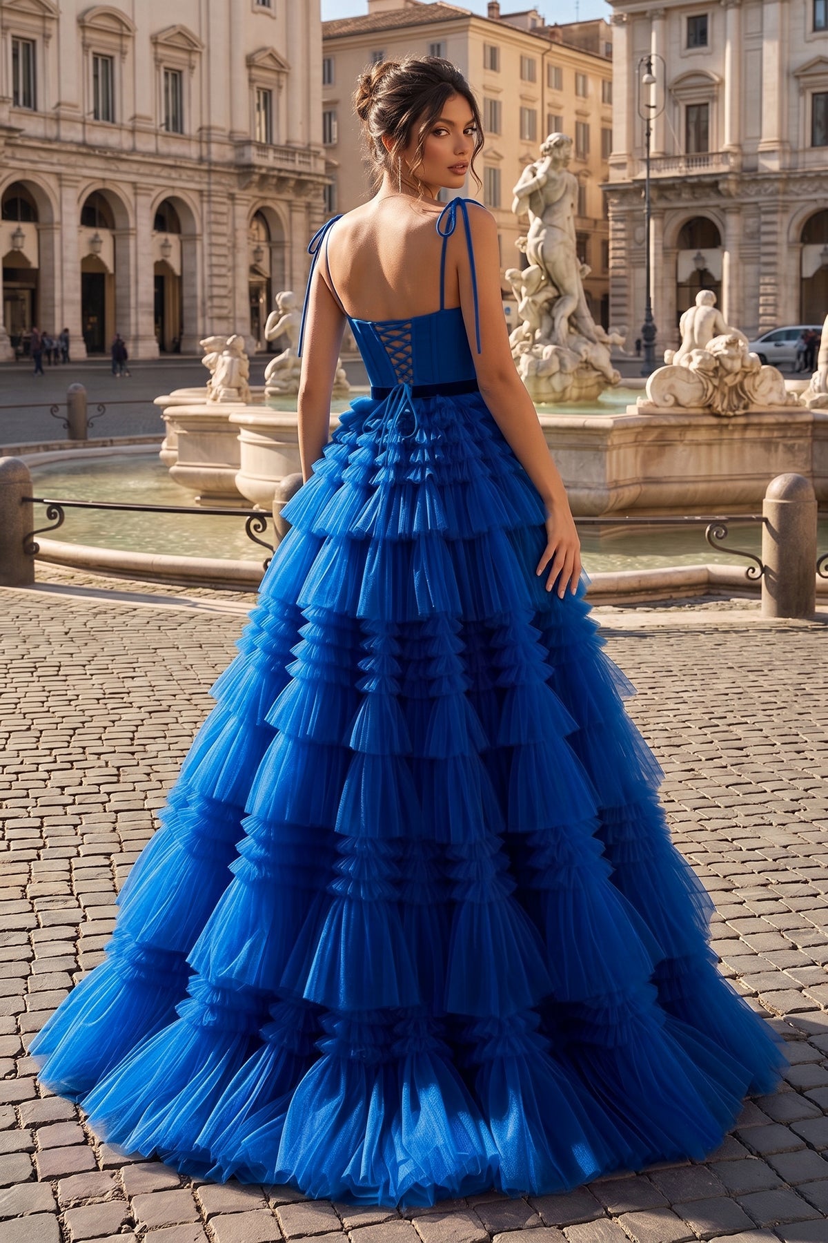 A Line Strapless Fuchsia Tiered Long Tulle Prom Dress