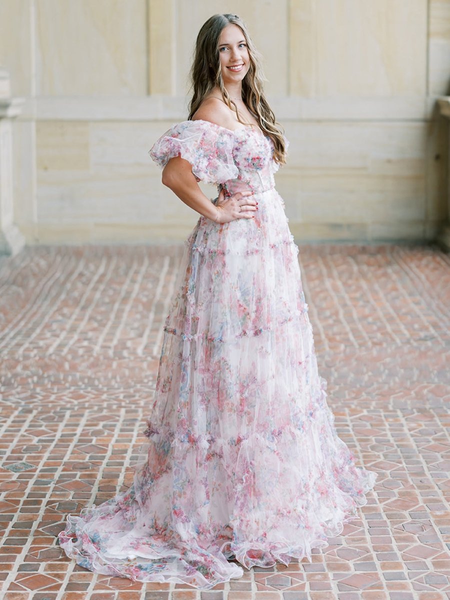 A Line Off The Shoulder Floral Tulle Prom Dress