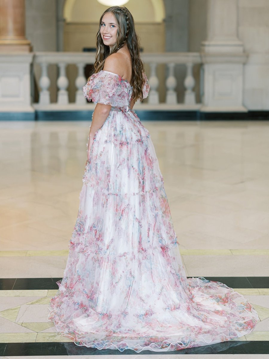 A Line Off The Shoulder Floral Tulle Prom Dress