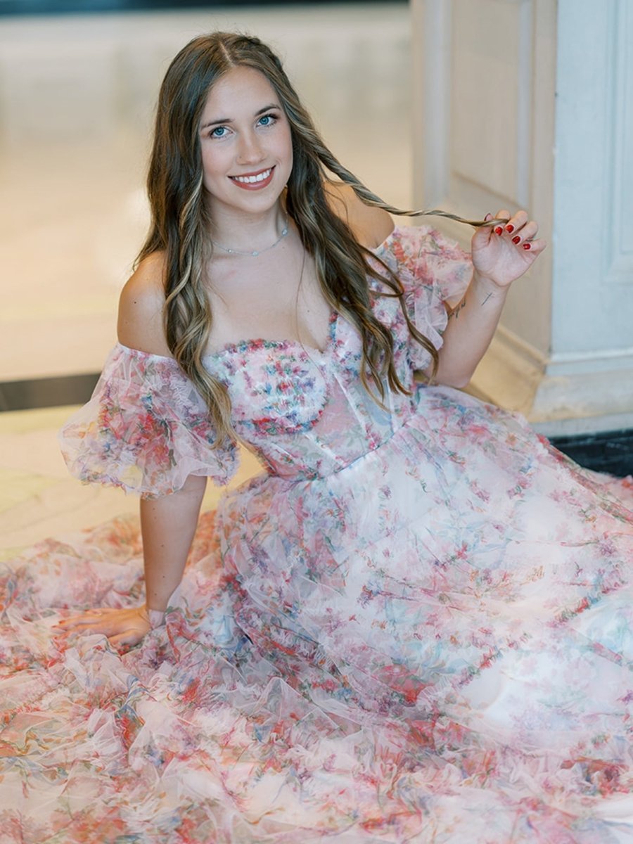 A Line Off The Shoulder Floral Tulle Prom Dress