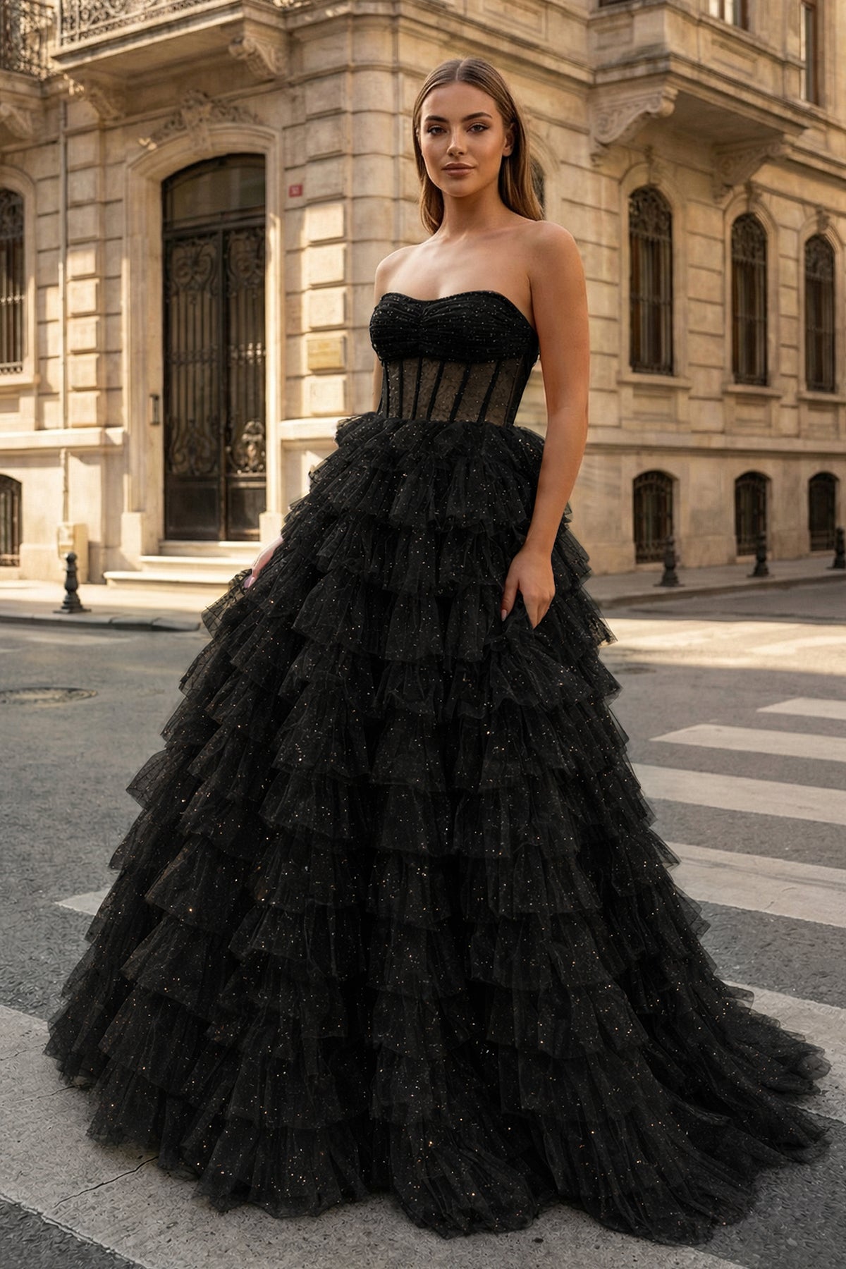 A Line Strapless Corset Glitter Tulle Prom Dress with Ruffles