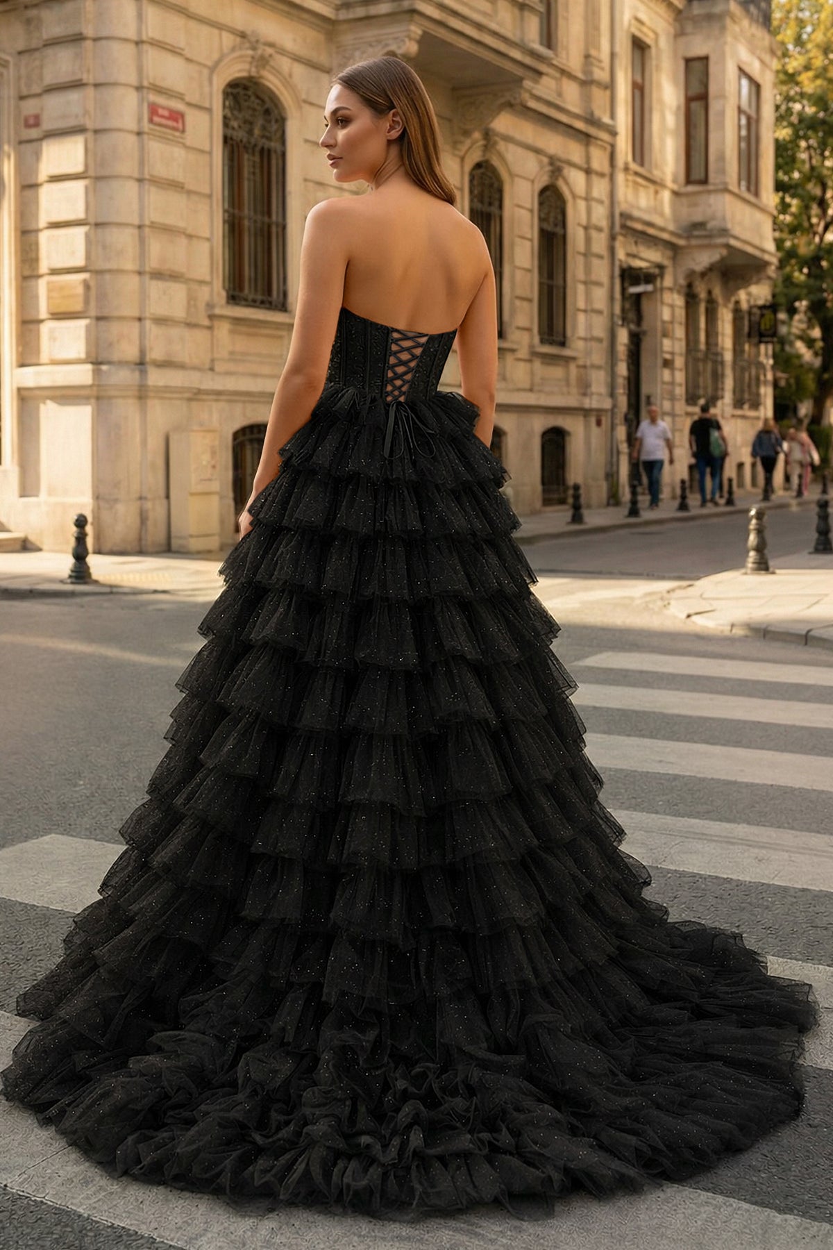 A Line Strapless Corset Glitter Tulle Prom Dress with Ruffles