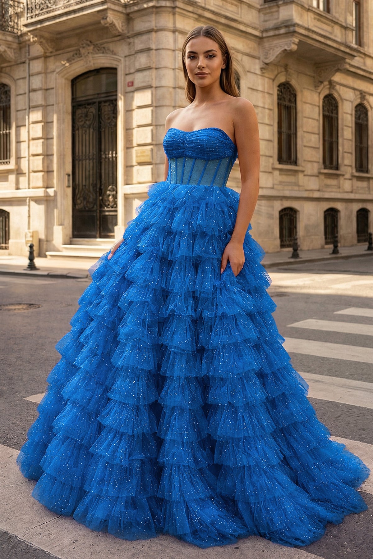 A Line Strapless Corset Glitter Tulle Prom Dress with Ruffles