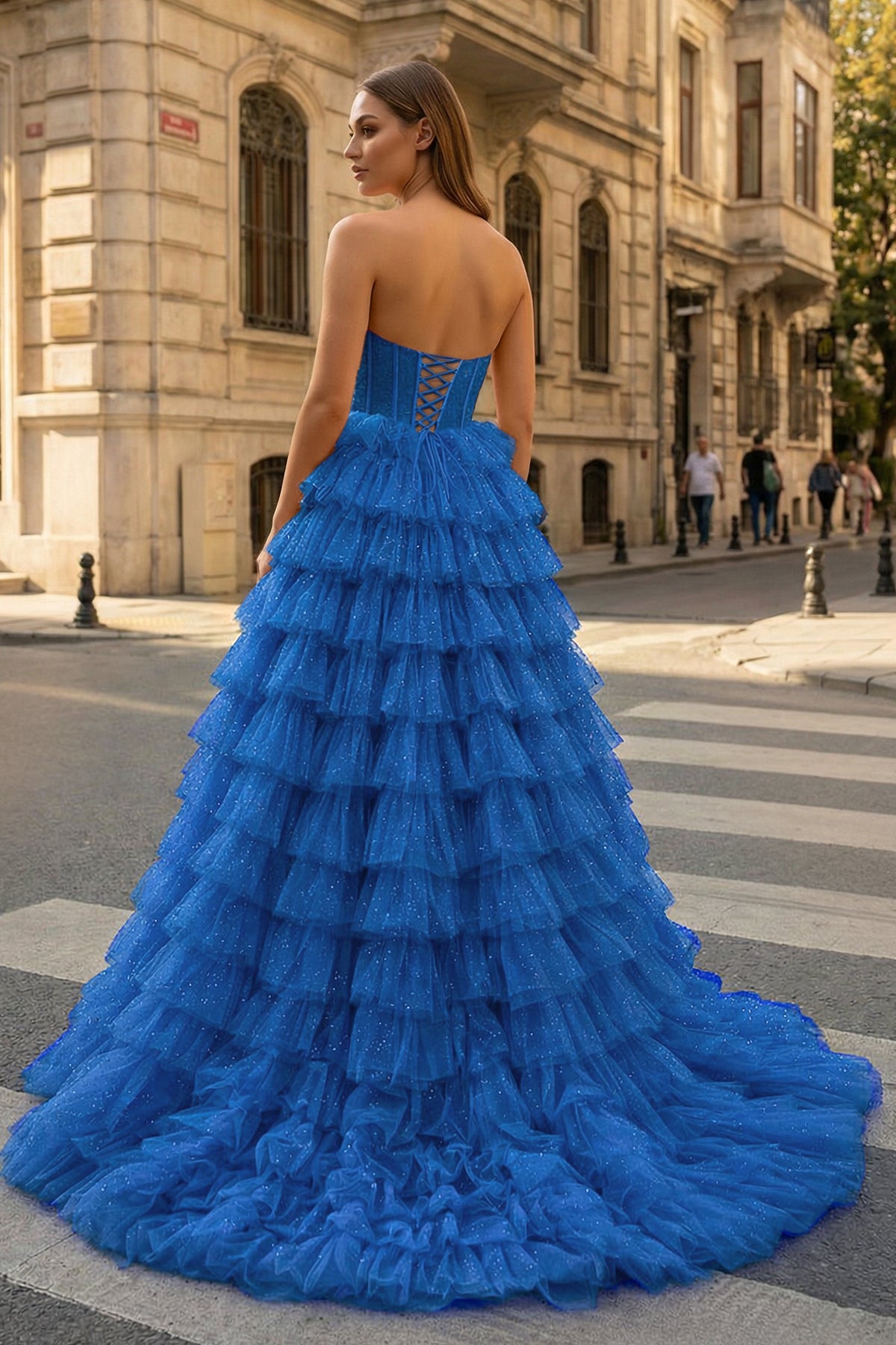 A Line Strapless Corset Glitter Tulle Prom Dress with Ruffles