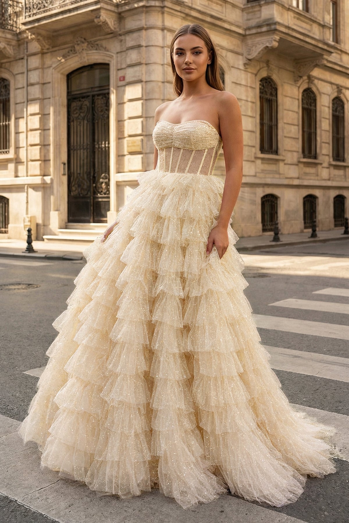 A Line Strapless Corset Glitter Tulle Prom Dress with Ruffles