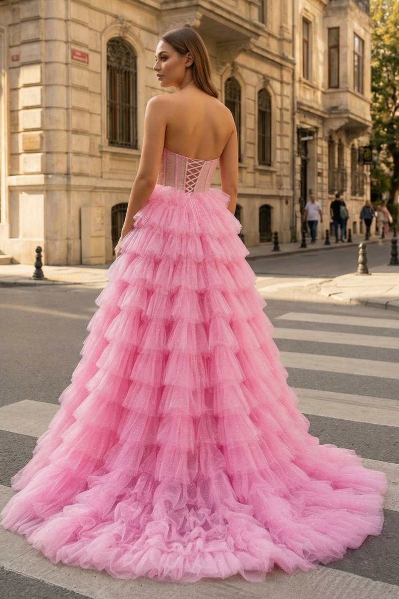 A Line Strapless Corset Glitter Tulle Prom Dress with Ruffles