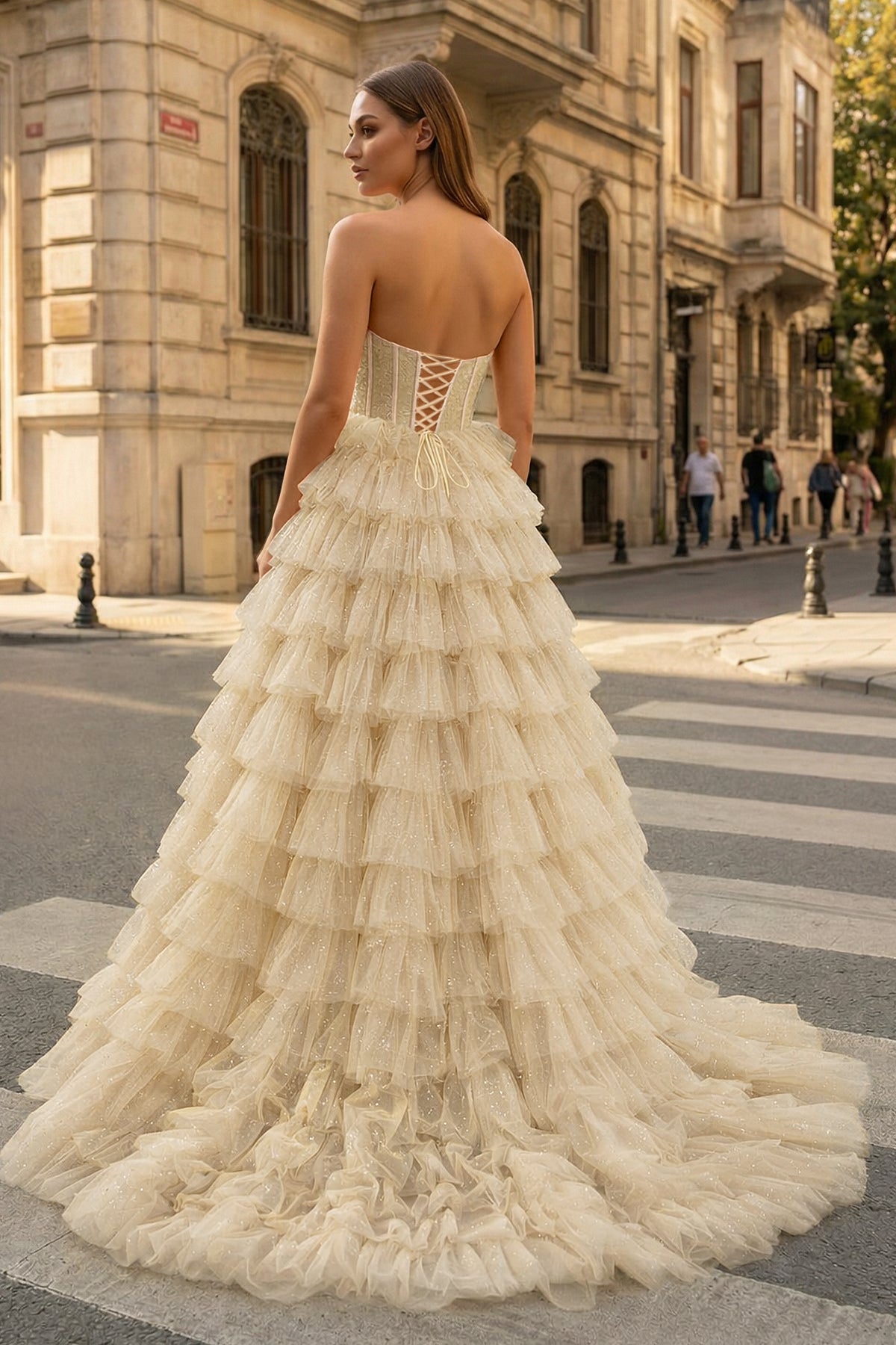 A Line Strapless Corset Glitter Tulle Prom Dress with Ruffles