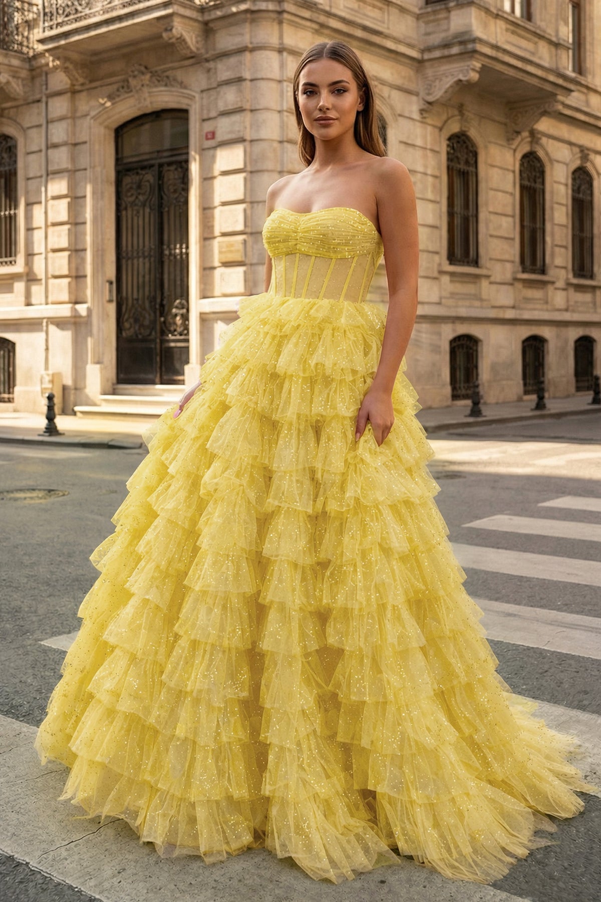 A Line Strapless Corset Glitter Tulle Prom Dress with Ruffles