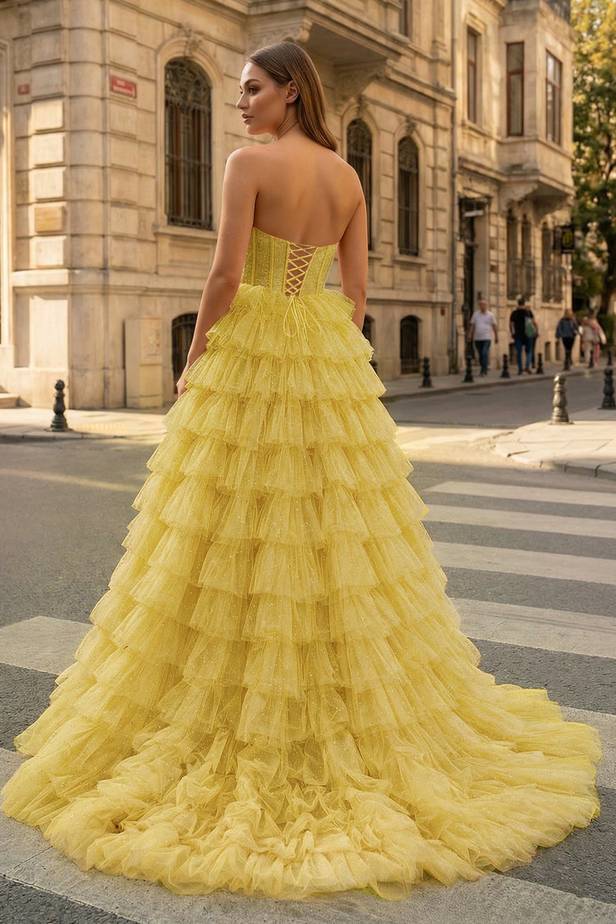 A Line Strapless Corset Glitter Tulle Prom Dress with Ruffles