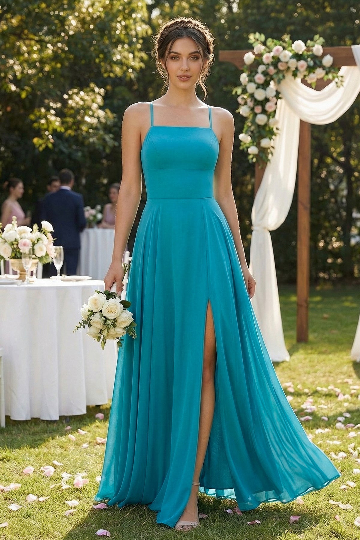 A-Line Chiffon Bridesmaid Dress With Slit in Blue Jay