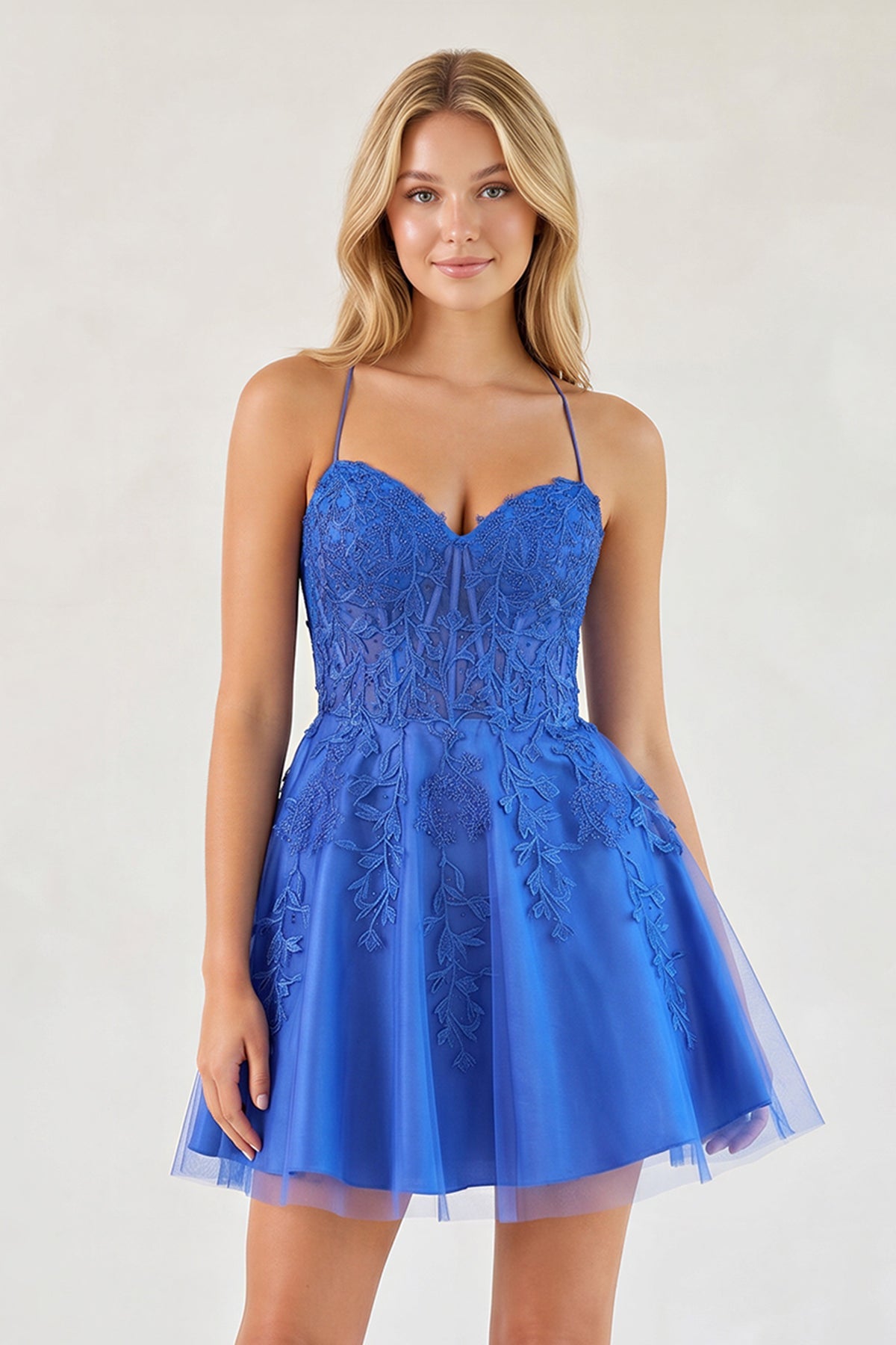 A Line Spaghetti Straps Royal Blue Corset Homecoming Dress with Appliques