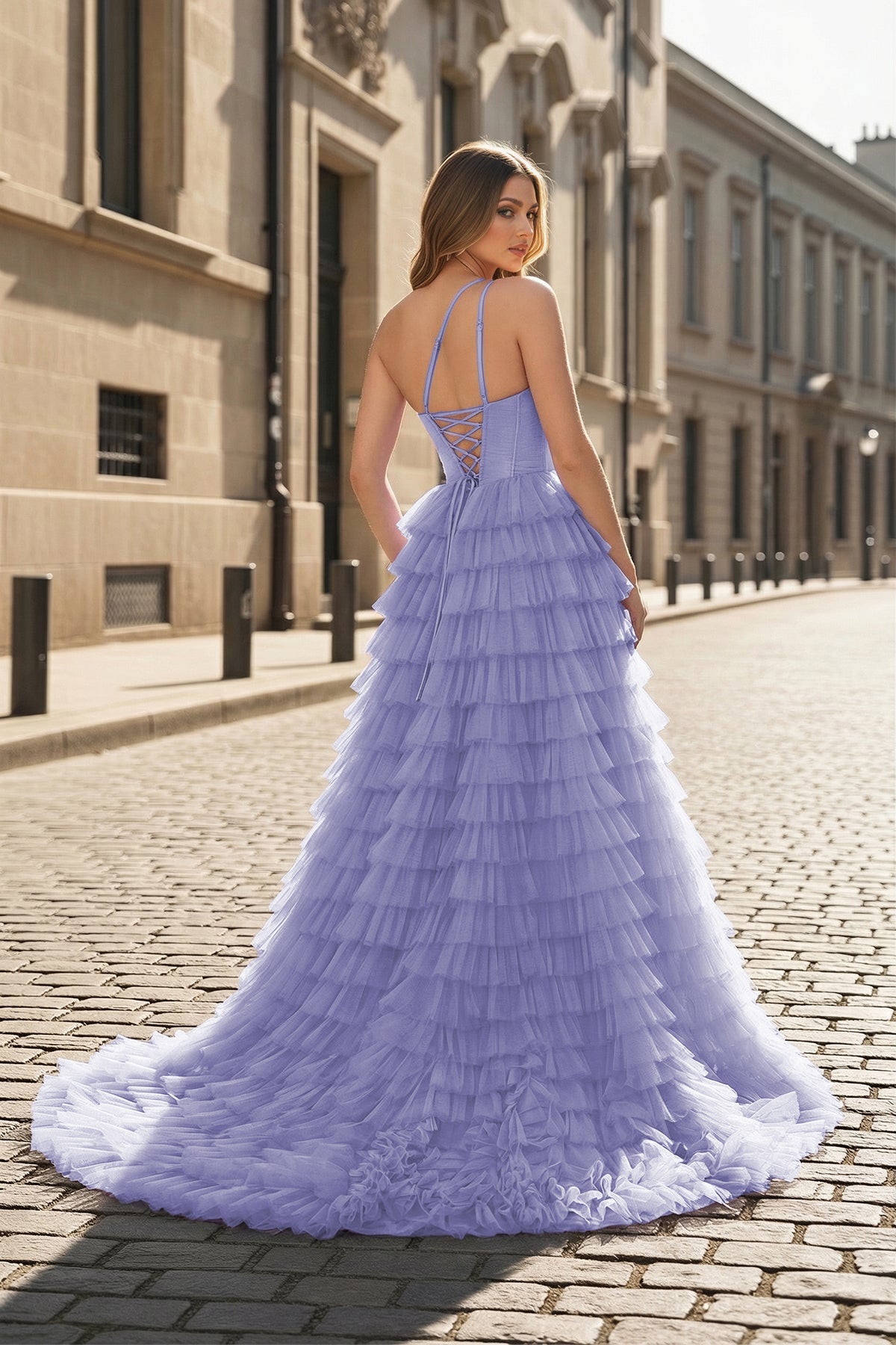 A Line One Shoulder Tiered Long Prom Dress