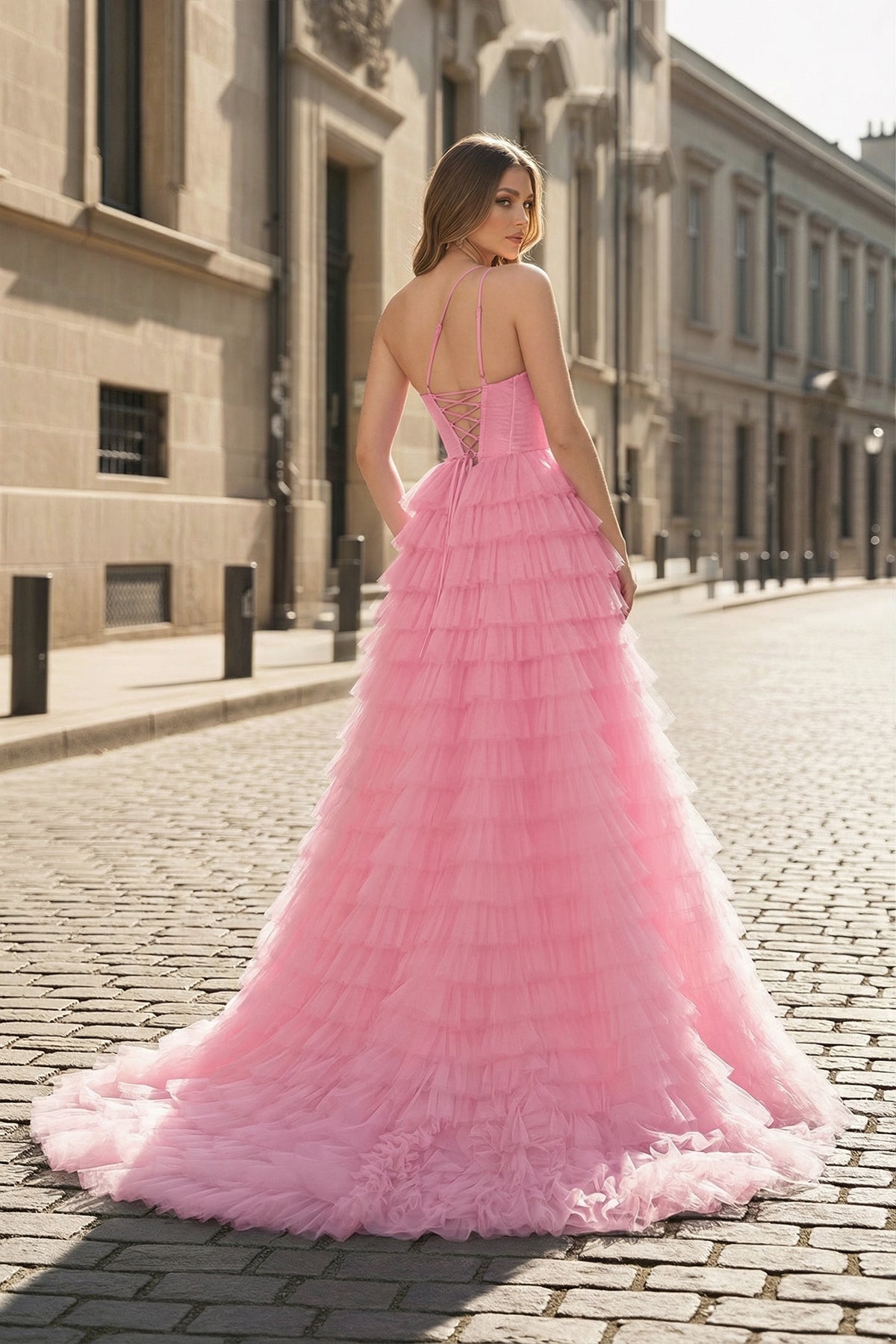 A Line One Shoulder Tiered Long Prom Dress