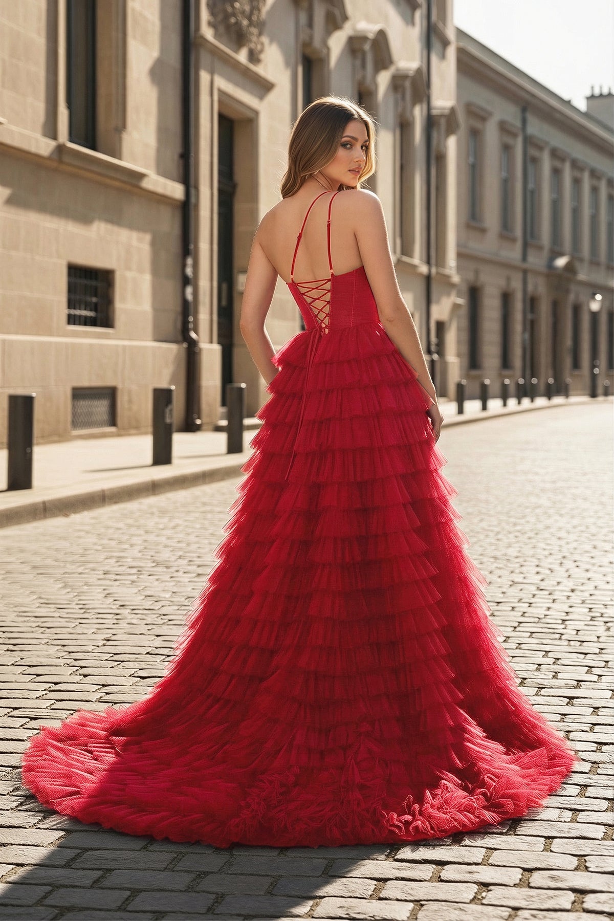 A Line One Shoulder Tiered Long Prom Dress