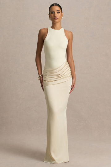 Akari | Cream Crew-Neck Maxi Dress With Satin Skirt