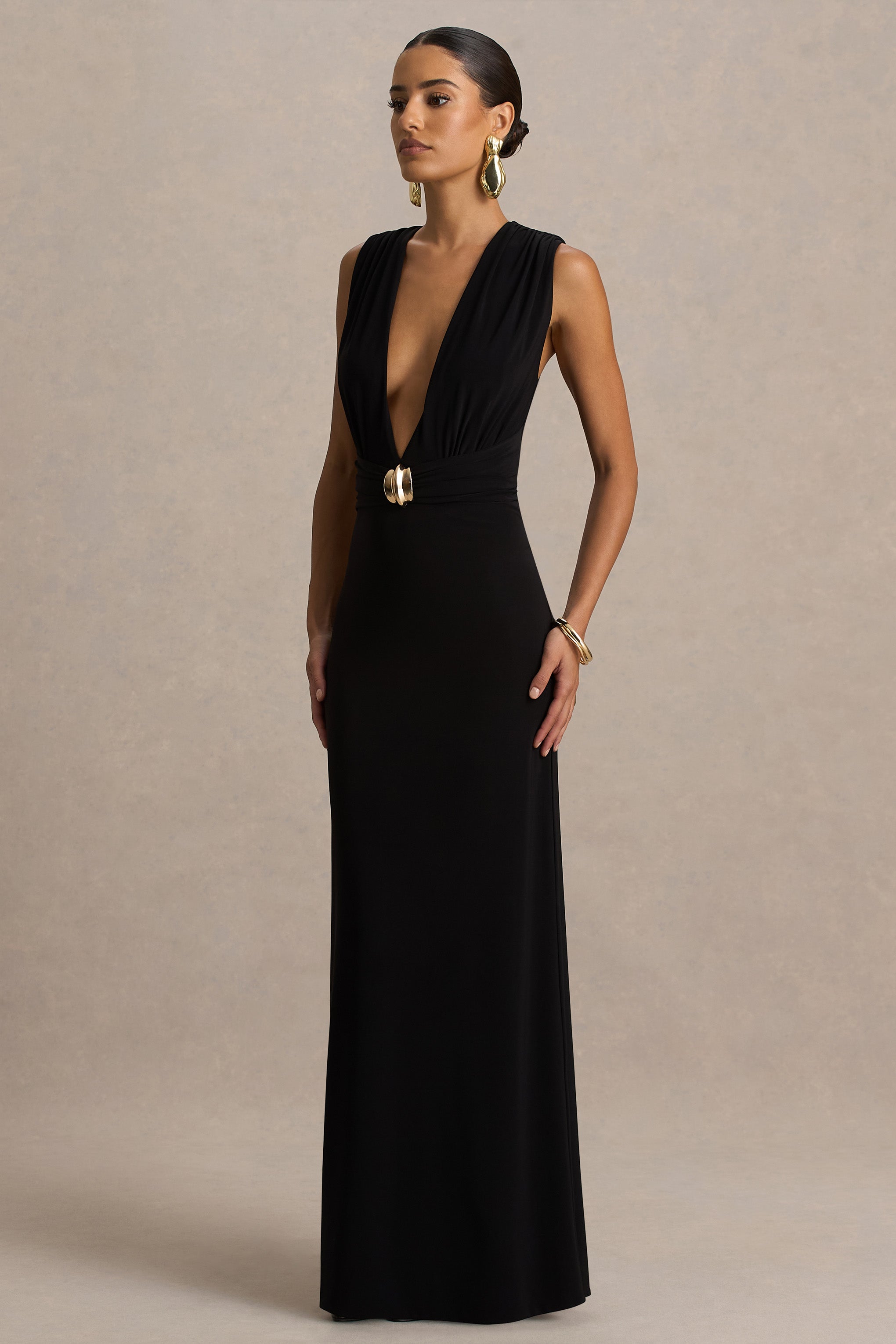 Alena | Black Extreme-Plunge Neck Maxi Dress With Gold Detail