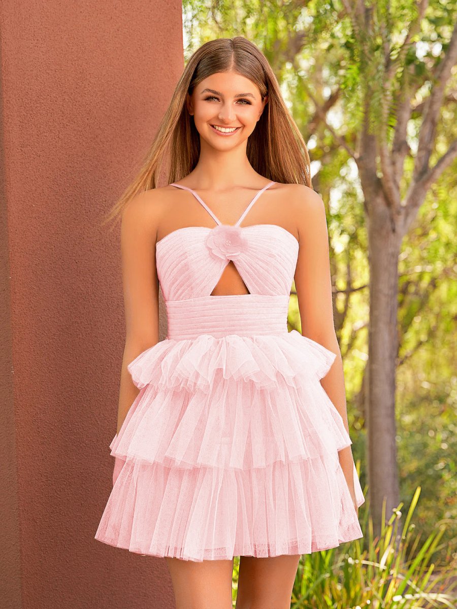 A Line Tulle Orange Keyhole Halter Short Homecoming Dress with Ruffles