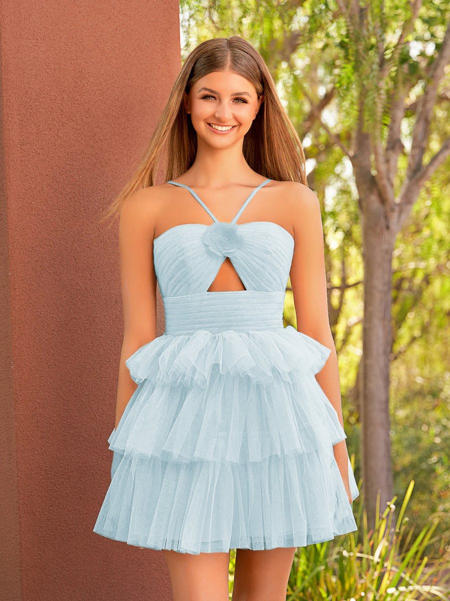 A Line Tulle Orange Keyhole Halter Short Homecoming Dress with Ruffles