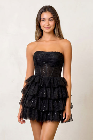 A Line Black Strapless Tiered Homecoming Dress