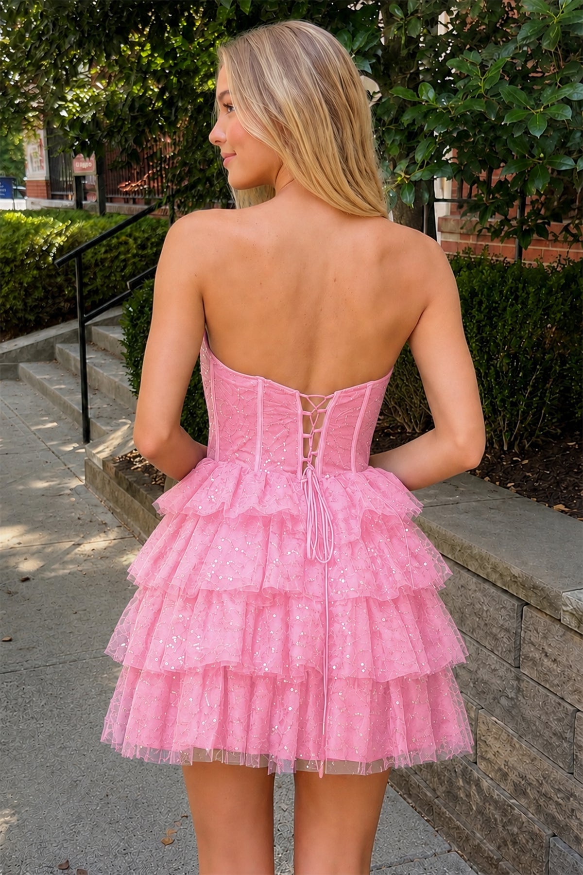 A Line Black Strapless Tiered Homecoming Dress