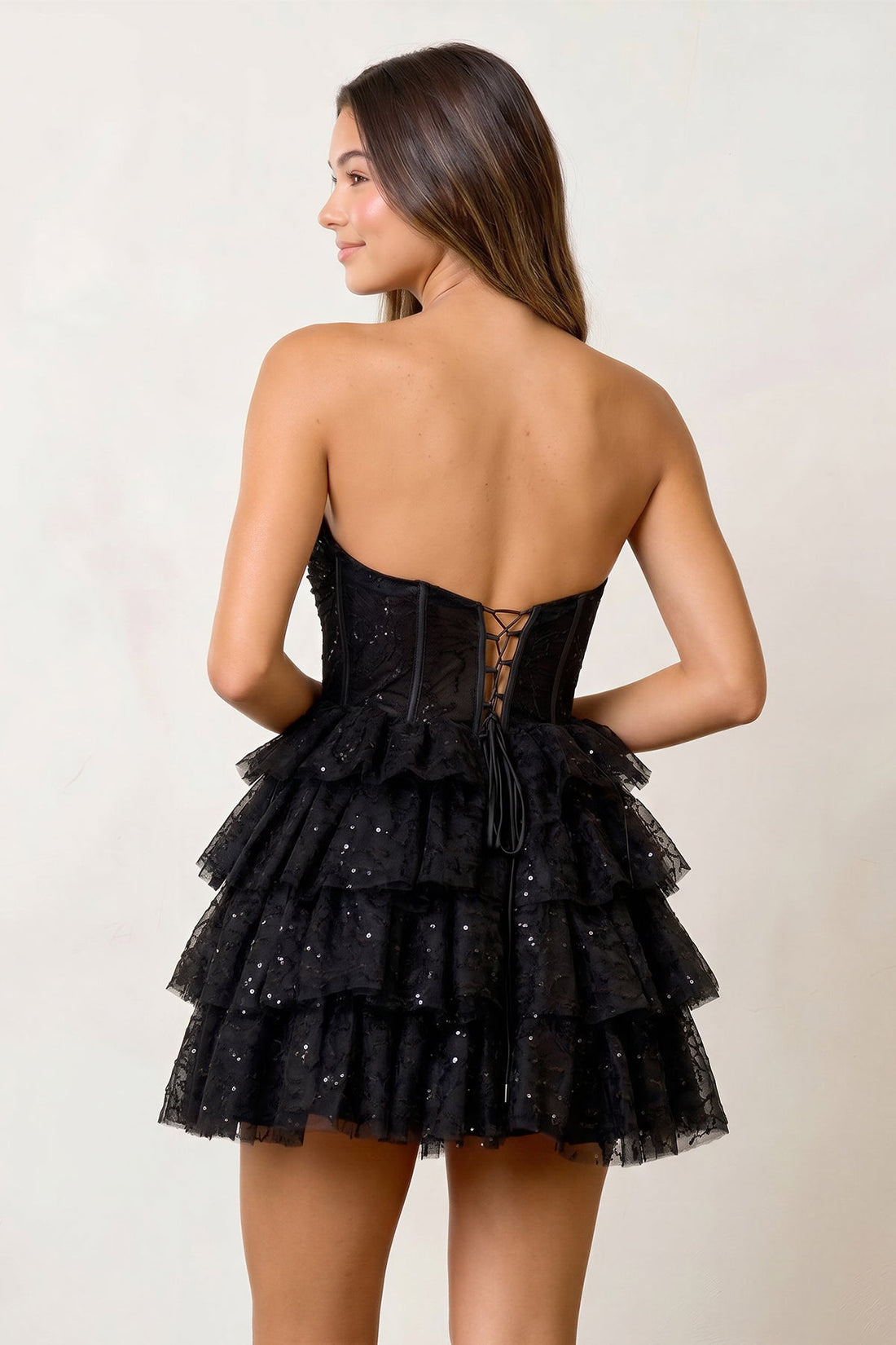 A Line Black Strapless Tiered Homecoming Dress