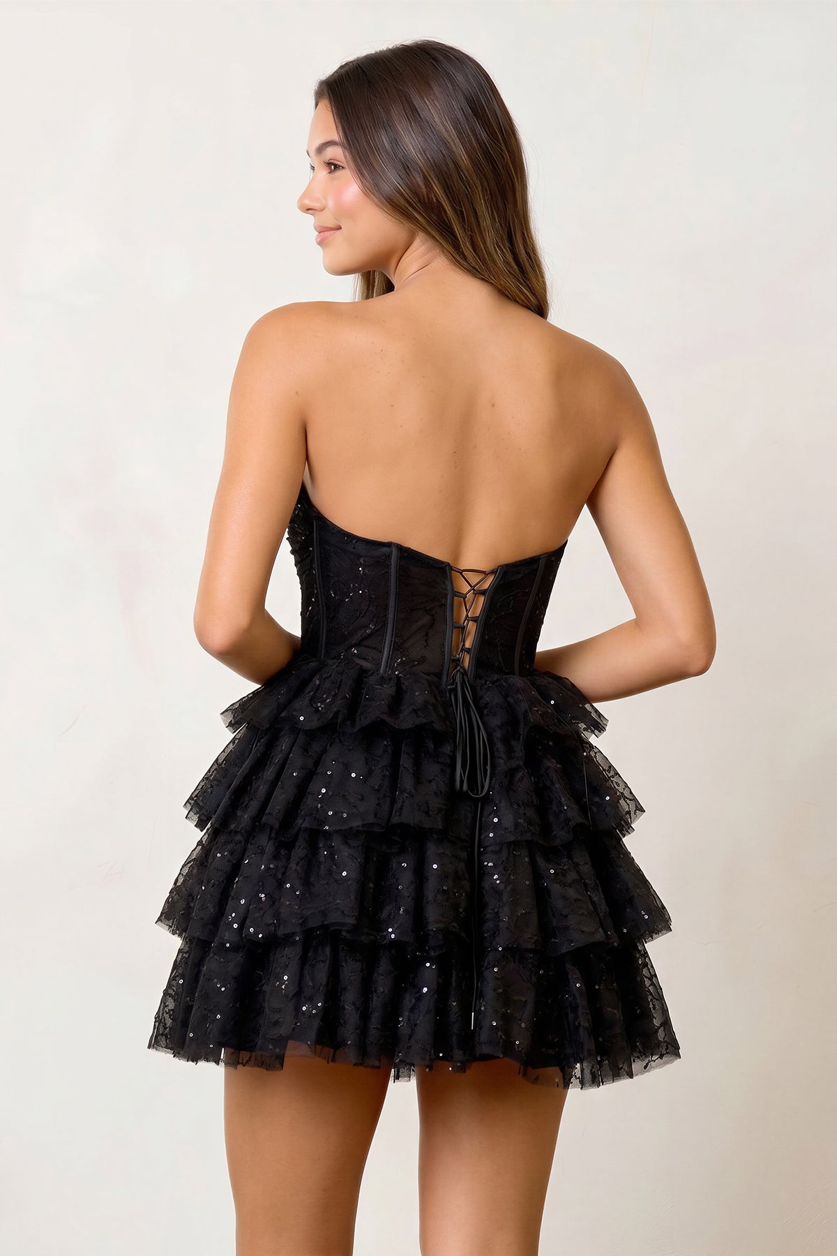 A Line Black Strapless Tiered Homecoming Dress