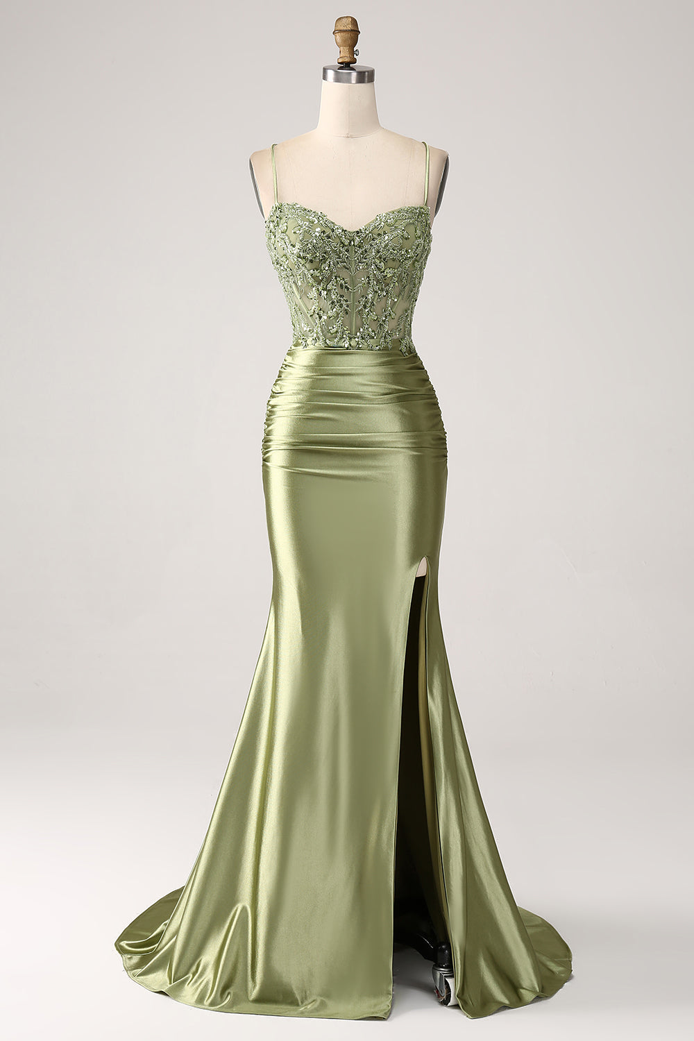 Sparkly Mermaid Sage Spaghetti Straps Satin Prom Dress With Slit