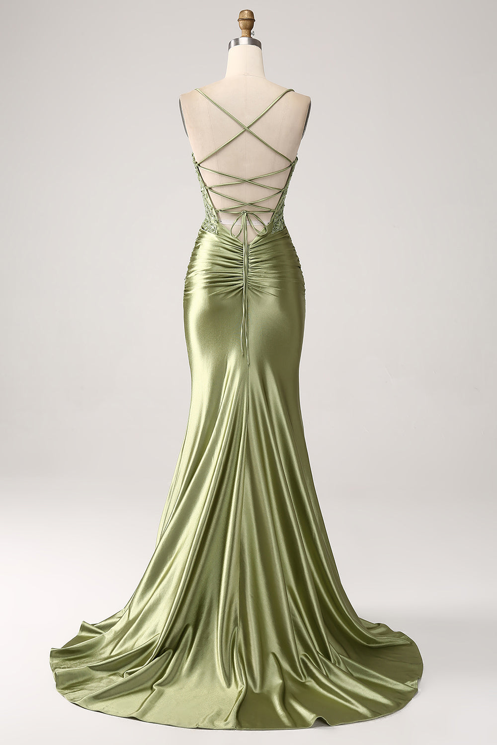 Sparkly Mermaid Sage Spaghetti Straps Satin Prom Dress With Slit